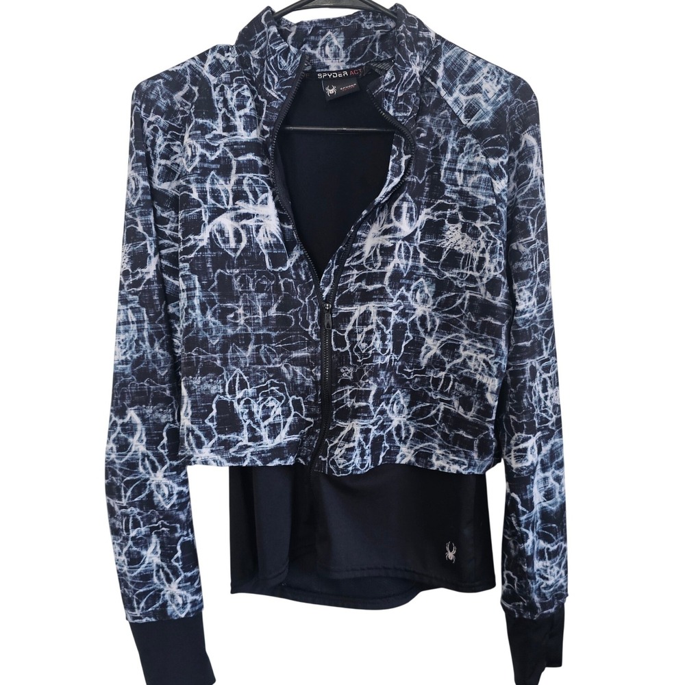 Spyder Active Womens Small Full Zip Jacket Blue White Abstract Floral Cropped